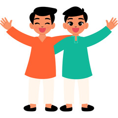 2 Happy cute Indian boy in traditional costume raise hand cartoon illustration
