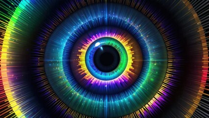 Human multicolored iris of the eye animation concept. Rainbow lines after a flash scatter out of a bright white circle and forming volumetric a human eye iris and pupil. generative, ai.