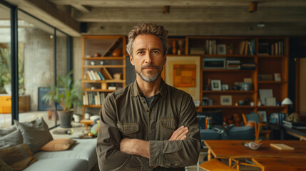 Architect standing in a low-roofed house, in the hands of the architect holding a design drawing of a low-roofed house ,generative ai.