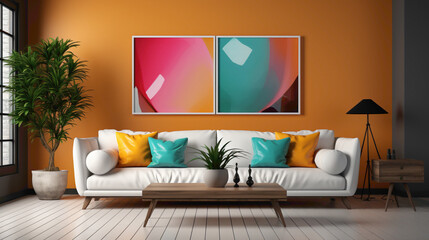 A modern living room with an infusion of bright colors and a blank empty white frame on the wall,...