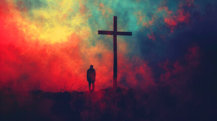 Man in worship in front of the cross in the dramatic cloudy sky. - obrazy, fototapety, plakaty
