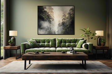 Elevate your home with two sofas in a calming palette of green and charcoal grey, anchored by a wooden table. 
