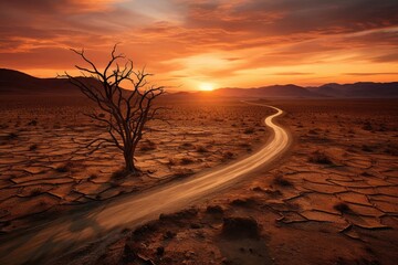 sunset in the desert. Sun setting behind a silhouette of trees, a lonely tree in the desert in the light of the sun. cracked arid land with dry lonely trees. drought and global warming. - obrazy, fototapety, plakaty