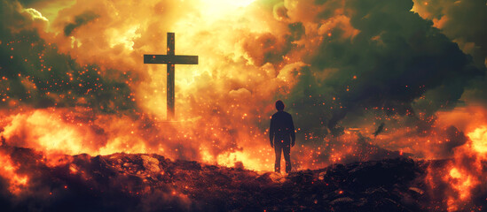 Man in worship in front of the cross in the dramatic cloudy sky with fire.