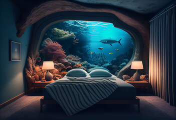 hotel bedroom interior in the style of underwater
