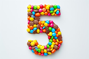The number FIVE is made with multi-colored chocolate balls isolated on a white background. Number five made with star shape candies. Big number five made of candies isolated on white.
