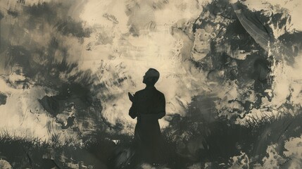 Silhouette of a man in prayer on a grunge background. Worship.