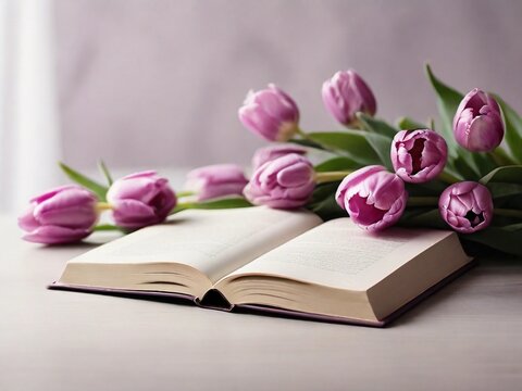 Delicate lilac tulips on an open book close-up.
