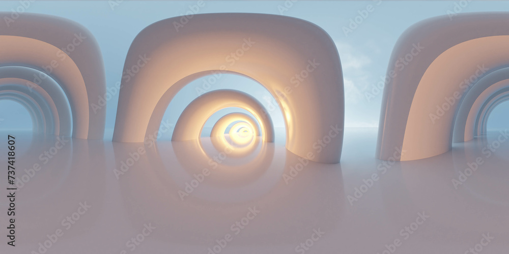 Poster abstract 3d render of infinite looping arches in a surreal landscape 360 panorama vr environment map