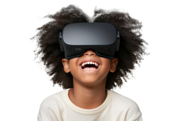 Portrait of young kid wearing VR glasses experience isolated on transparent background, virtual reality world, technology futuristic.