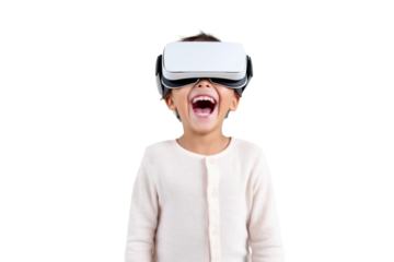 Portrait of young kid wearing VR glasses experience isolated on transparent background, virtual reality world, technology futuristic.