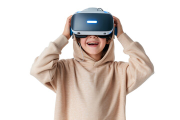 Portrait of young kid wearing VR glasses experience isolated on transparent background, virtual reality world, technology futuristic.