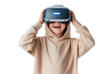 Portrait of young kid wearing VR glasses experience isolated on transparent background, virtual reality world, technology futuristic.