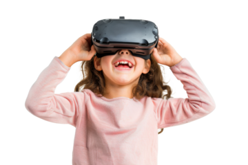 Portrait of young kid wearing VR glasses experience isolated on transparent background, virtual reality world, technology futuristic.