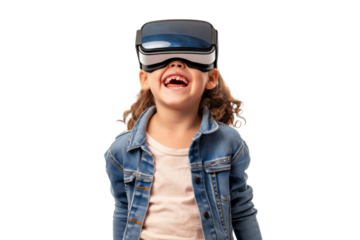 Portrait of young kid wearing VR glasses experience isolated on transparent background, virtual reality world, technology futuristic.