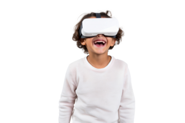 Portrait of young kid wearing VR glasses experience isolated on transparent background, virtual reality world, technology futuristic.