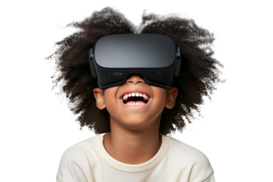 Portrait of young kid wearing VR glasses experience isolated on transparent background, virtual reality world, technology futuristic.