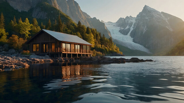 Sunrise scenery with wooden house by the lake with reflection surrounded by forest and mountains, background, wallpaper