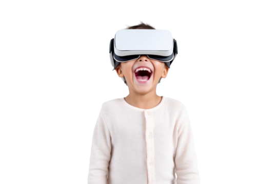 Portrait of young kid wearing VR glasses experience isolated on transparent background, virtual reality world, technology futuristic.