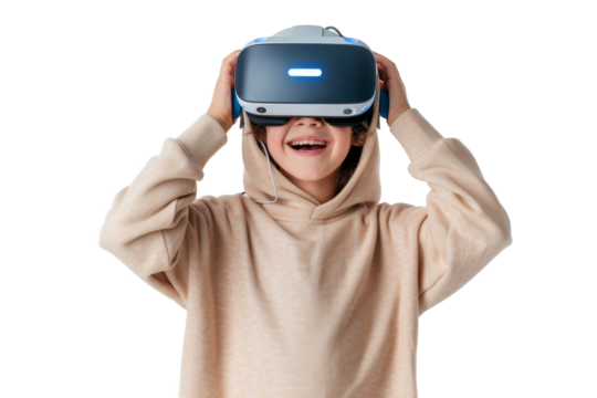 Portrait of young kid wearing VR glasses experience isolated on transparent background, virtual reality world, technology futuristic.