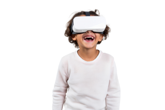Portrait of young kid wearing VR glasses experience isolated on transparent background, virtual reality world, technology futuristic.