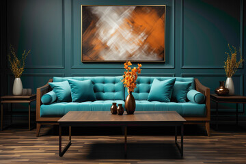 Step into a room of simplicity with brown and teal sofas and a wooden table against a blank canvas.