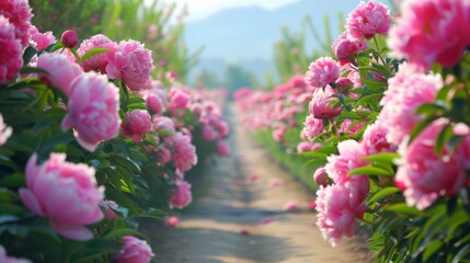 Obraz premium The pink peony plantation embodies the concept of the Peony Festival in China. 