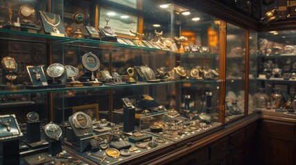 A pawn shop display case filled with various things, including antiques, jewelry, or simply things that have lost their meaning for their owners, but retain their value for others.