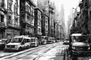 Fototapeta na wymiar Sketch urban city illustration with cars in the foreground. A view of a city with buildings, cars and Streets. Scene street illustration. Illustration with architecture, Buildings and roads. 