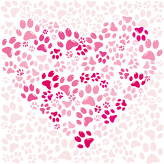 Pink heart made of  animal footprints