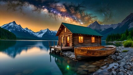 Obraz premium Night landscape scenery with milky way over mountains and wooden house by the lake, background, wallpaper