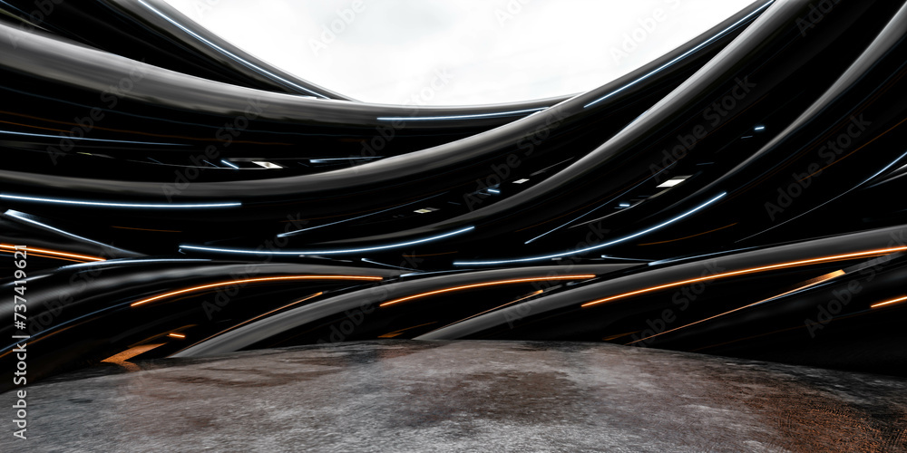 Aufkleber Abstract View of Dark Curved Structures With Golden Accents in abstract architecture setting 3d render illustration