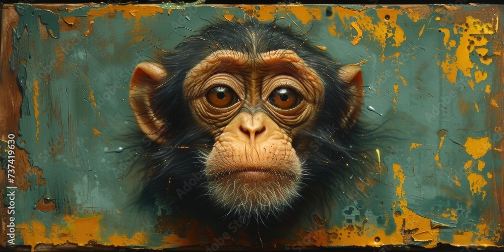 Wall mural portrait of a chimpanzee monkey, digital illustration in watercolor style