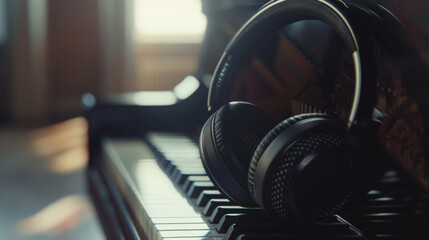 A pair of high-quality headphones rests on the keys of a piano, symbolizing the fusion of modern listening technology with classical musical instruments.
