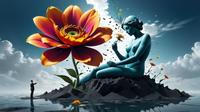 Life and freedom and hope concept , Imagination of surreal scene flower with broken human sculpture, digital artwork illustration. generative, ai.