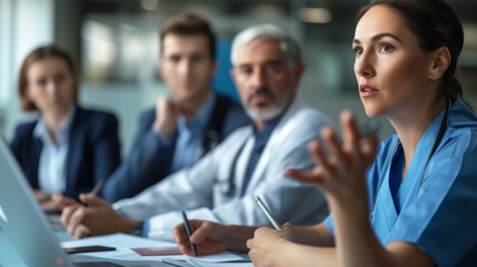 focused group of medical professionals engaged in a serious discussion, possibly during a team meeting or conference.