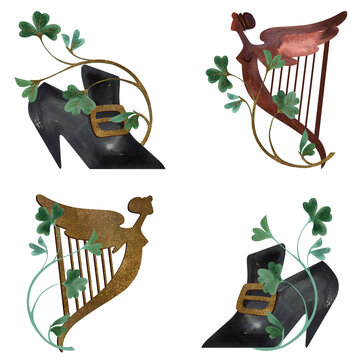 Set of illustrations for St. Patrick's Day. Compositions for postcards and Irish holiday decorations. Isolated watercolor illustration on white background.