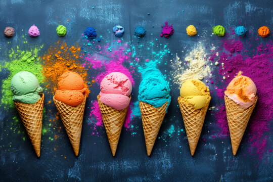 Brig ht colours in shapes of ice cream scoops in cones for Indian holi festival. Colorful gulal (powder colors). Assorted colorful ice cream cones mid playful color bursts against a colorful backdrop