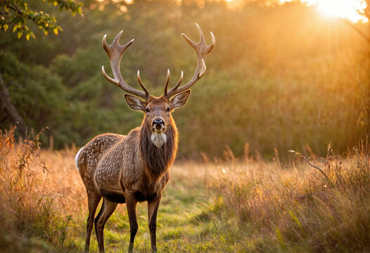 portrait of red deer against sunlight