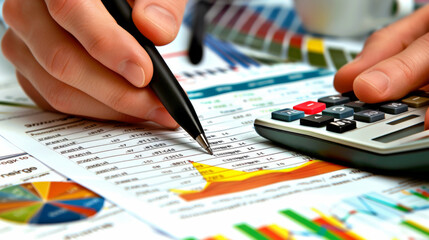 A close-up view of hands using a calculator and pen to work on financial charts and data reports on a desk.