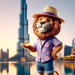 3d Lion in a hat with burj khalifa