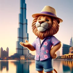 Printed roller blinds Burj Khalifa 3d Lion in a hat with burj khalifa