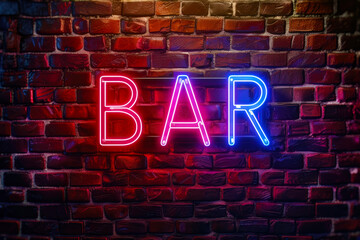 Neon sign with text BAR on a brick wall - 737420828