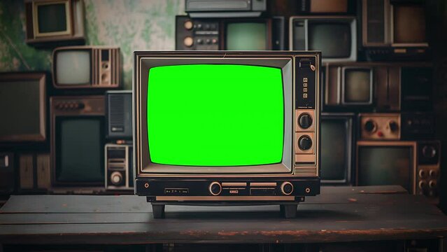 Vintage television zooming out with green screen