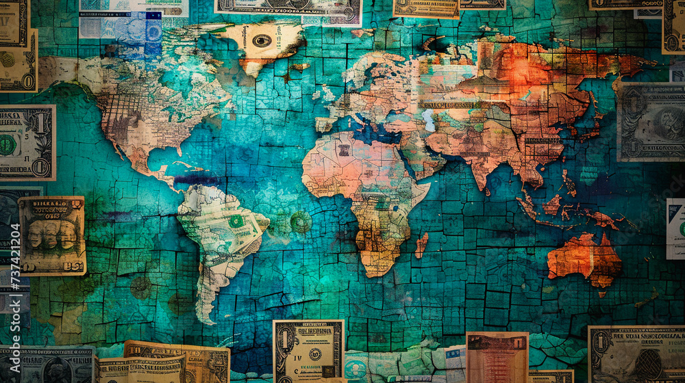 Poster worldly abstraction: an abstract illustration of the world map, infused with subtle tones for a uniq