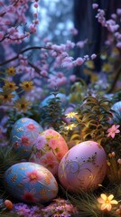 A whimsical arrangement of Easter eggs, each with a unique, fairy tale-inspired floral pattern, set in a magical fairy tale forest of flowers and whimsical plants.