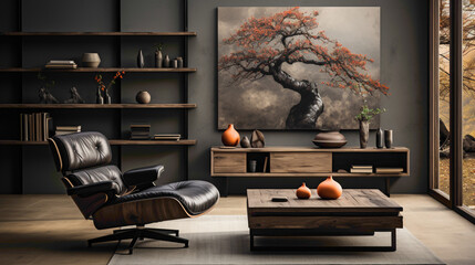Immerse yourself in the tranquility of a Japanese-style modern living room. A leather chair sits gracefully near a rustic wooden coffee table against a sleek black cabinet. 