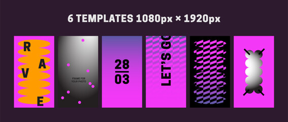 Fototapeta premium Set of playful abstract Y2k backgrounds. Bold template for rave party. Geometric shapes and futuristic forms. Social media set design. pack for events. Neo brutalism. Retro vibe, glitch, Pink 