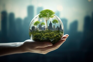 Glass bubble with city and nature. Concept of nature, sustainability, ecology, environmental care, etc.