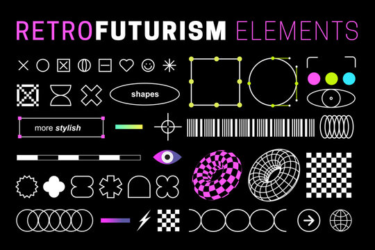 Retro futurism line elements. Future geometric brutalism Playful shapes in Y2k style. Brutalism and minimalism aesthetic. Retro futuristic party. Abstract geometric elements for modern design. Rave